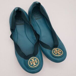 Tory Burch Caroline Ballet Flats Blue Leather Packable Slip On Shoes Sz 7.5M